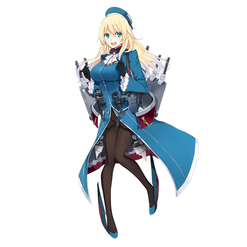 1girl :d aqua_eyes ascot atago_(kantai_collection) black_legwear blonde_hair breasts hao_(patinnko) hat highres kantai_collection long_hair looking_at_viewer machinery open_mouth pantyhose simple_background smile solo transparent_background turret uniform