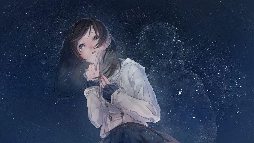 1girl black_hair blue_eyes blush commentary highres long_hair mizutame_tori night night_sky open_mouth original silhouette skirt sky solo star_(sky) wallpaper wind winter