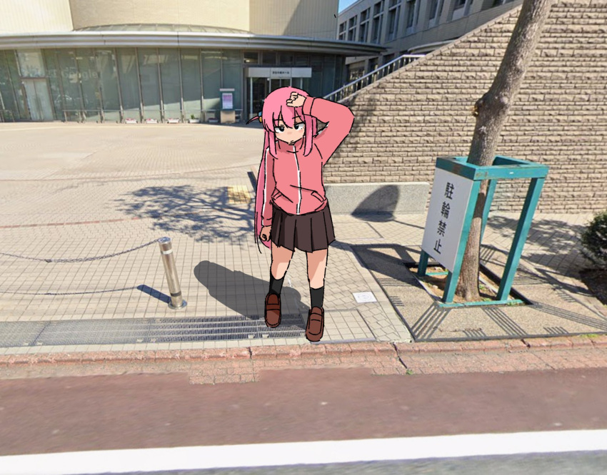 1girl ahoge black_eyes black_socks bocchi_the_rock! brown_shoes brown_skirt building closed_mouth cube_hair_ornament full_body hair_ornament hand_up hashtag-only_commentary highres hitori_bocchi kendama_club long_hair long_sleeves looking_at_viewer outdoors pavement photo_background pink_hair pink_track_suit pleated_skirt railing shoes skirt socks solo track_suit tree window
