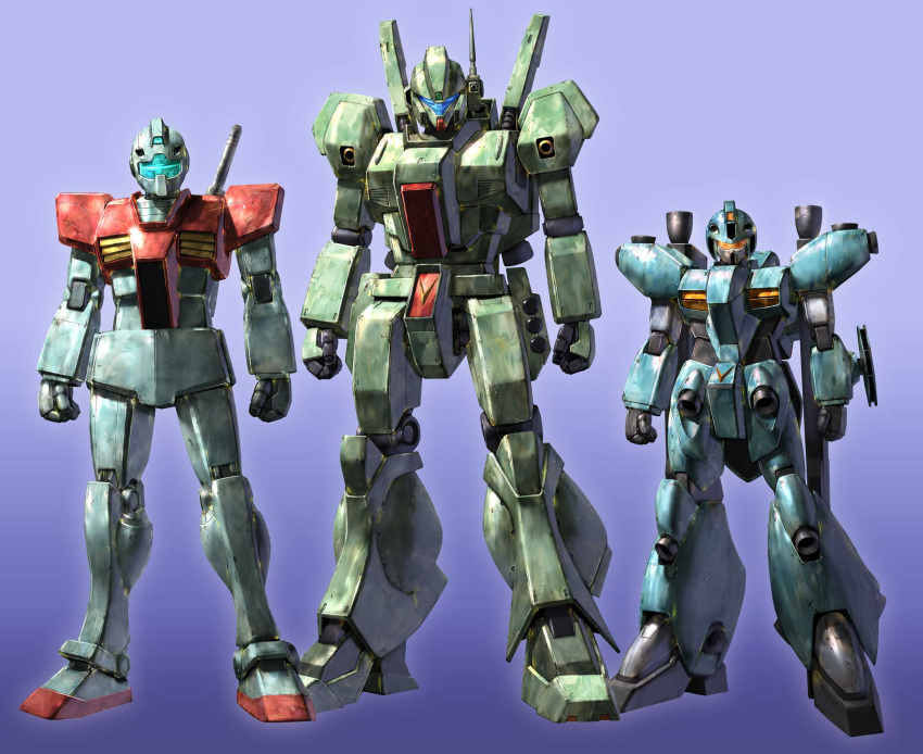 arms_at_sides assault_visor blue_visor char's_counterattack clenched_hands commentary_request full_body gm_(mobile_suit) gradient_background gundam highres javelin_(gundam) jegan mecha mecha_focus mobile_suit mobile_suit_gundam morishita_naochika no_humans orange_visor radio_antenna robot science_fiction standing thrusters victory_gundam