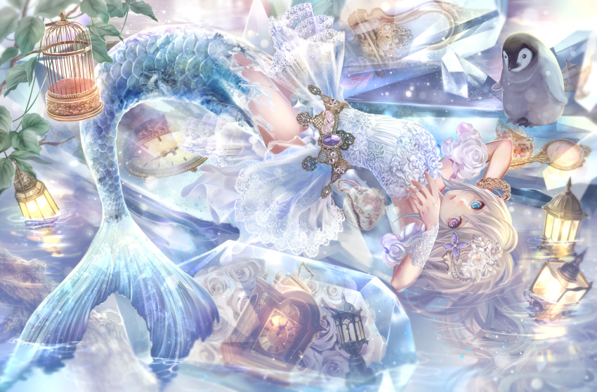 1girl bird birdcage cage clock dress fish_tail flower frills hair_ornament hand_mirror heterochromia ice lamp lamppost long_hair looking_at_viewer lying mermaid mirror monster_girl original penguin revision rose silver_hair solo strapless_dress torino_akua water