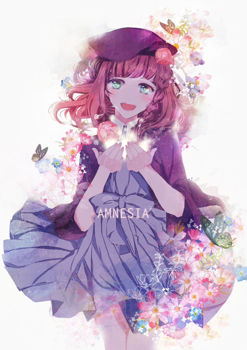 1girl :d amnesia_(idea_factory) bangs blue_dress blunt_bangs blush braid butterfly copyright_name cowboy_shot dress english fingernails floral_background flower green_eyes happy hat heroine_(amnesia) highres jacket light_particles looking_at_viewer motyaaaaaaa nail_polish open_mouth redhead ribbon short_hair smile solo standing text