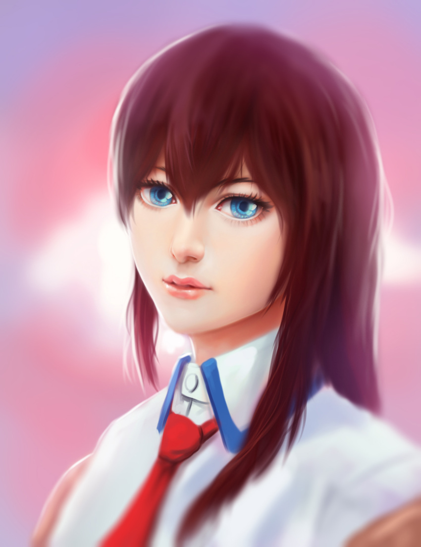 1girl blue_eyes brown_hair fateline_alpha highres long_hair looking_at_viewer makise_kurisu necktie smile solo steins;gate