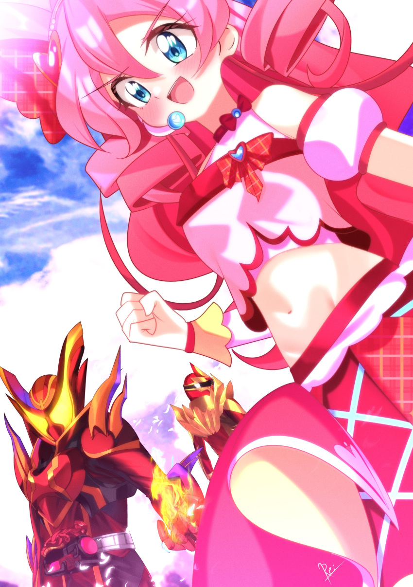 1girl 2boys :d absurdres arm_warmers armor armored_bodysuit artist_name assault_visor bare_shoulders blue_eyes blue_sky blush bodysuit bow breastplate broadcaster_connection brooch chest_bow choker clenched_hand clouds cloudy_sky commentary company_connection compound_eyes crop_top crossover cupping_hand cure_idol cure_idol_(idol_heart_ribbon_style) detached_sleeves double-parted_bangs drill_hair dutch_angle english_commentary fire from_behind glowing glowing_eyes gold_armor gozyuwolf hair_between_eyes hair_ribbon headset heart heart_brooch helmet henshin_belt_gavv highres idol idol_heart_brooch_(precure) idol_heart_incom impossible_hair jewelry kamen_rider kamen_rider_gavv kamen_rider_gavv_(amazingummy_form) kamen_rider_gavv_(series) kimi_to_idol_precure long_hair looking_ahead magical_girl mask midriff multiple_boys navel no.1_sentai_gozyuger open_mouth outdoors pink_hair plaid_bow plaid_clothes plaid_skirt precure puffy_detached_sleeves puffy_sleeves pyrokinesis red_armor red_bodysuit red_helmet reiei_8 ribbon rider_belt signature single_arm_warmer skirt sky smile super_sentai teeth toei_company tokusatsu tv_asahi twin_drills upper_body upper_teeth_only v-shaped_eyebrows very_long_hair white_arm_warmers wild_gozyuwolf wrist_cuffs yellow_eyes yellow_wrist_cuffs