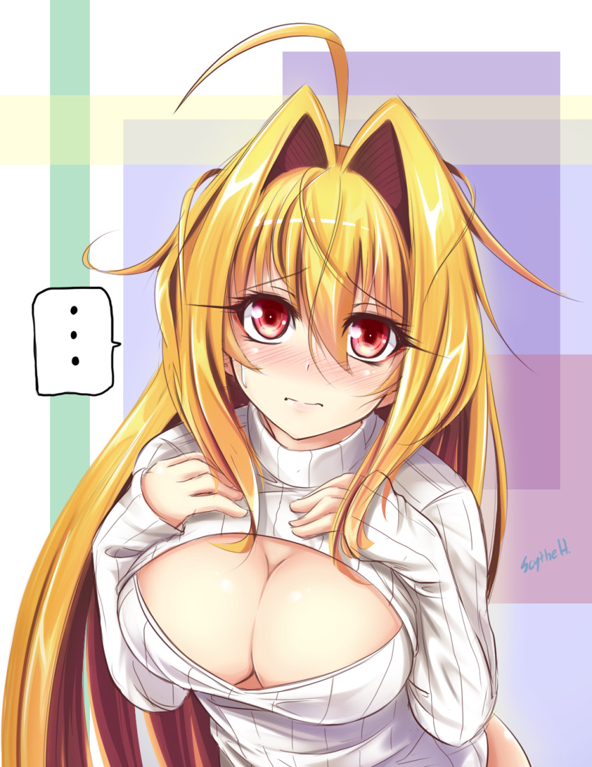 ... 1girl ahoge blonde_hair blush breasts cleavage cleavage_cutout embarrassed hair_intakes highres large_breasts long_hair looking_at_viewer miyabi_urumi open-chest_sweater original red_eyes solo sweater turtleneck