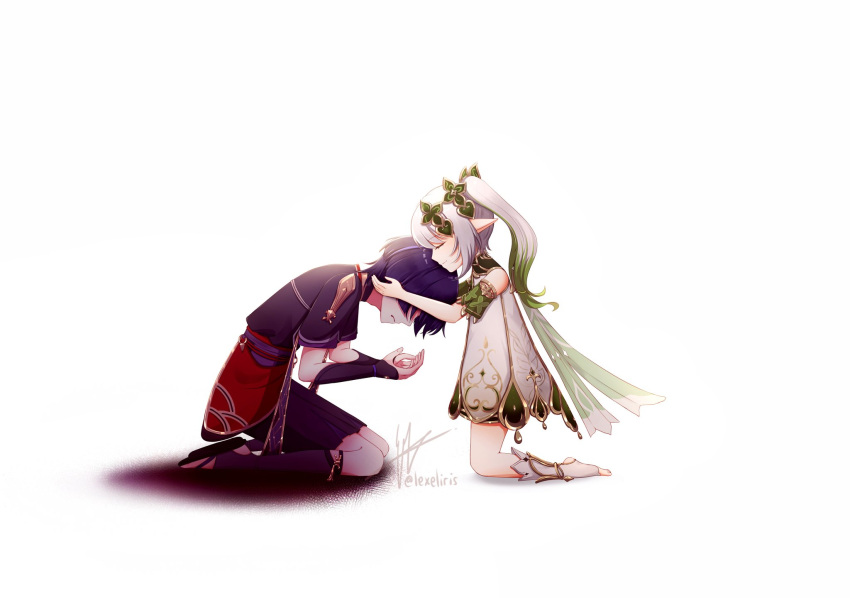 1boy 1girl anklet armlet armor black_kimono black_sandals black_shorts black_sleeves blunt_ends cape closed_eyes closed_mouth colored_tips detached_sleeves dress eyelashes facing_down facing_to_the_side fingernails from_side furisode genshin_impact gold_trim green_cape green_hair green_sleeves grey_trim hair_ornament head_down heart heart_hair_ornament highres japanese_armor japanese_clothes jewelry kimono kote kurokote layered_sleeves lexeliris long_hair multicolored_hair nahida_(genshin_impact) negative_space o-ring open_hands pointy_ears profile purple_hair purple_sash purple_sleeves red_sash sandals sash scaramouche_(genshin_impact) short_sleeves shorts side_ponytail sidelocks sideways_mouth signature smile socks stirrup_footwear stirrup_legwear streaked_hair toeless_legwear toes twitter_username white_background white_dress white_hair white_socks zouri