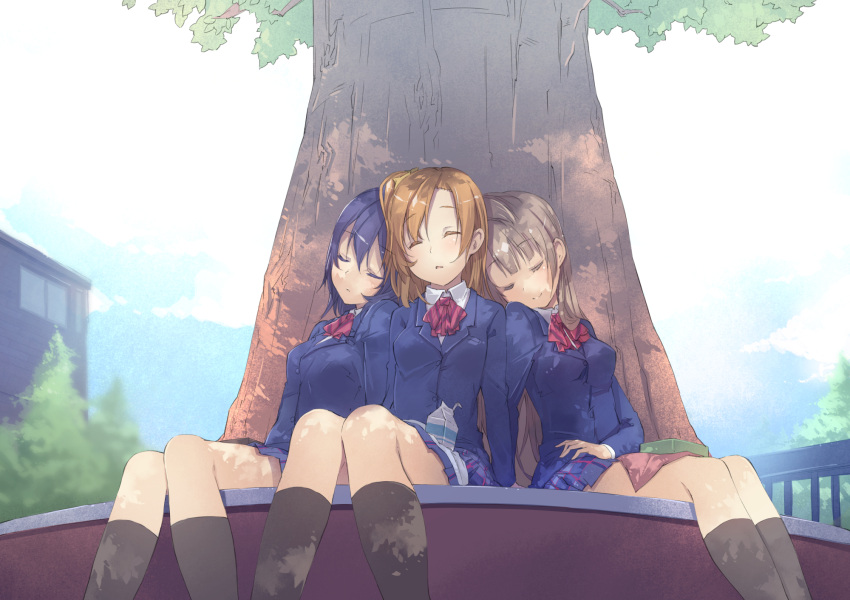 3girls black_legwear blue_hair brown_hair closed_eyes clouds dappled_sunlight highres kousaka_honoka leaning_on_person love_live!_school_idol_project minami_kotori miya_kazutomo multiple_girls orange_hair school_uniform sitting sky sleeping socks sonoda_umi tree