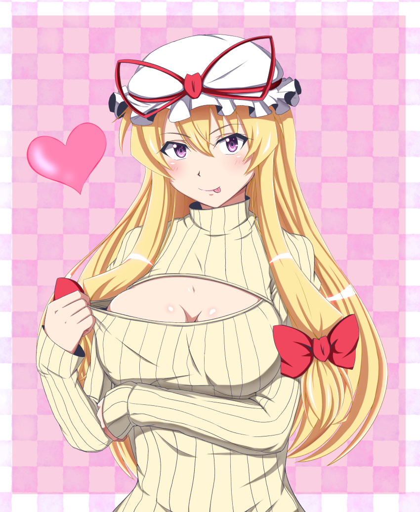 1girl :p absurdres blonde_hair blush breast_rest breasts bust checkered checkered_background cleavage hat hat_ribbon heart highres kyoukyan large_breasts long_hair mob_cap open-chest_sweater ribbed_sweater ribbon smile solo sweater sweater_tug tongue tongue_out touhou turtleneck violet_eyes yakumo_yukari