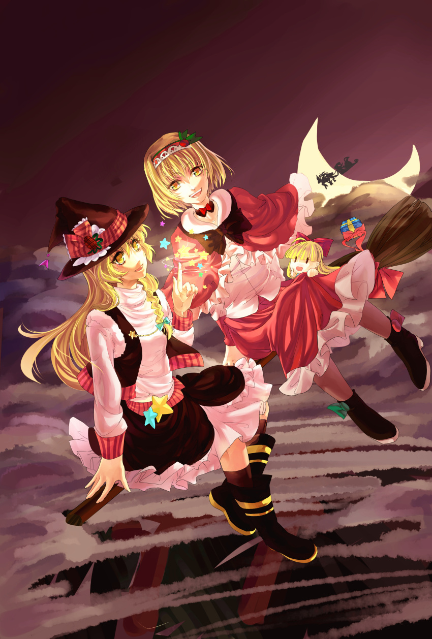 2girls absurdres alice_margatroid blonde_hair blouse boots bow box braid broom broom_riding capelet clouds crescent_moon gift gift_box hairband hat hat_bow highres kirisame_marisa kneehighs long_hair long_sleeves moon multiple_girls night night_sky open_mouth pointing reindeer shanghai_doll shoes short_hair side_braid silhouette sitting skirt sky sleigh smile star sweater_vest tansuan_zhanshi torii touhou turtleneck witch_hat yellow_eyes