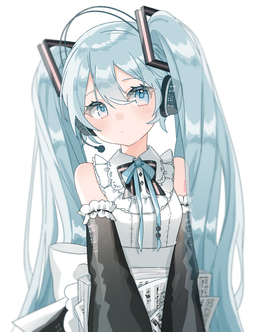 1girl absurdres black_bow black_bowtie black_sleeves blue_eyes blue_hair blue_ribbon bow bowtie closed_mouth commentary detached_sleeves hair_bow hatsune_miku headphones headset highres holding holding_paper long_hair long_sleeves looking_at_viewer mafuyu_(re_eva) microphone neck_ribbon paper ribbon sheet_music shirt sidelocks simple_background solo upper_body very_long_hair vocaloid white_background white_shirt