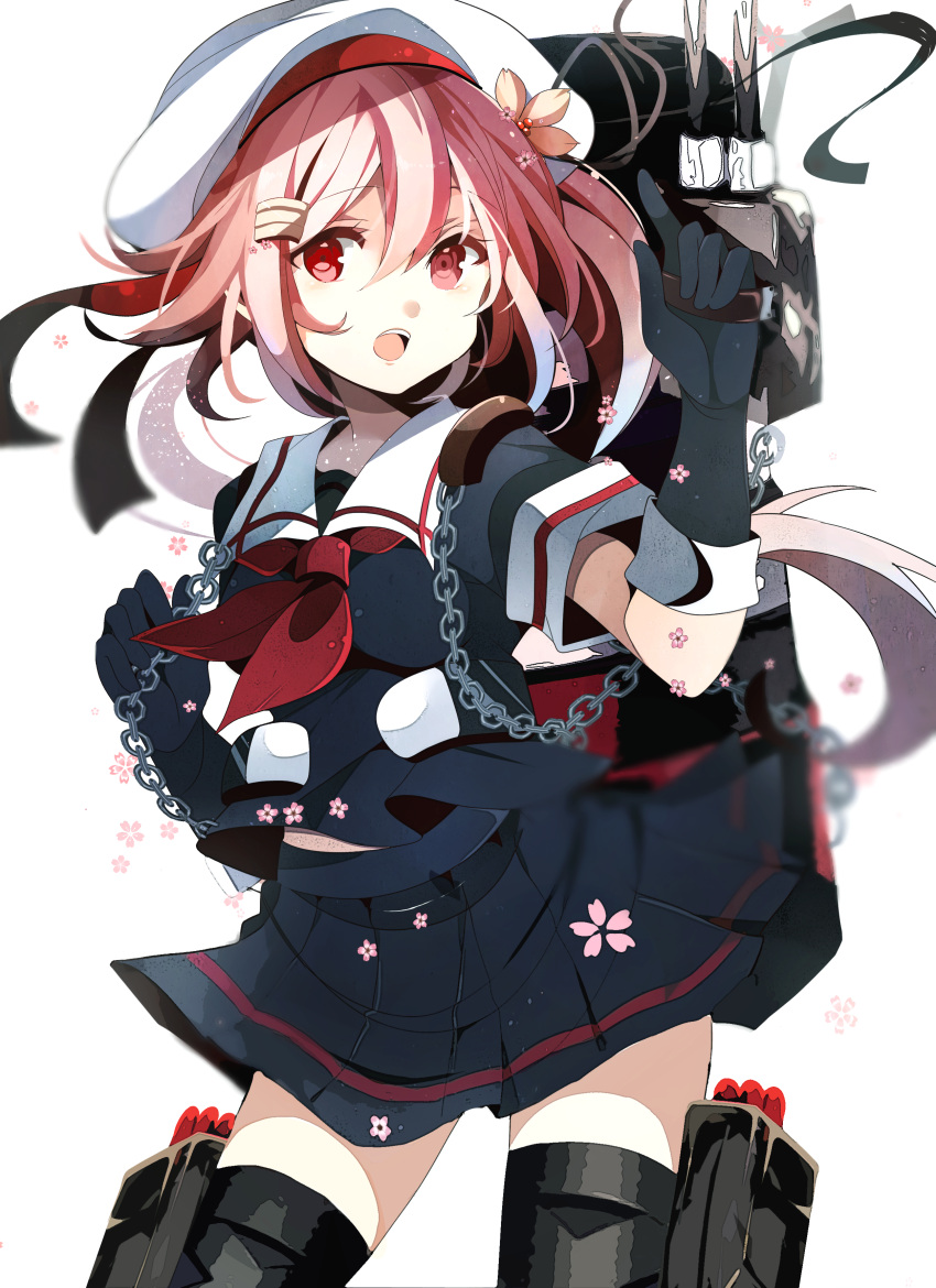 1girl absurdres beret black_gloves blush fumiko_(miruyuana) gloves hair_ornament harusame_(kantai_collection) hat highres kantai_collection long_hair looking_at_viewer neckerchief open_mouth pink_eyes pink_hair pleated_skirt sailor_collar school_uniform serafuku side_ponytail simple_background skirt solo white_background