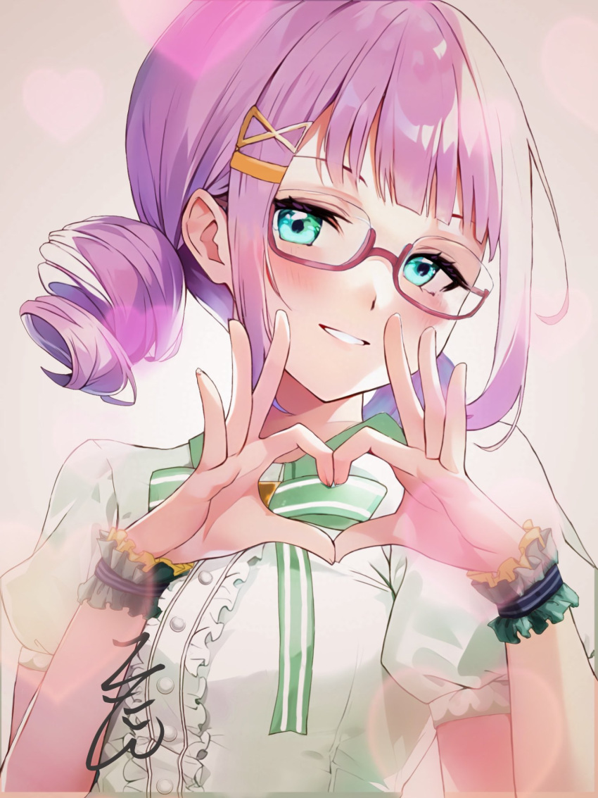 1girl angel_maker aqua_eyes blush bow bowtie center_frills commentary drill_hair four-finger_heart_hands frilled_shirt frilled_wrist_cuffs frills glasses green_bow green_bowtie green_shirt green_wrist_cuffs hair_ornament hairclip hands_up heart heart_hands heaven_burns_red highres higuchi_seika higuchi_seika_(blossoming_experience) idol idol_clothes looking_at_viewer medium_hair official_alternate_costume parted_lips puffy_short_sleeves puffy_sleeves purple_hair red-framed_eyewear semi-rimless_eyewear shirt short_sleeves smile solo twin_drills upper_body wrist_cuffs