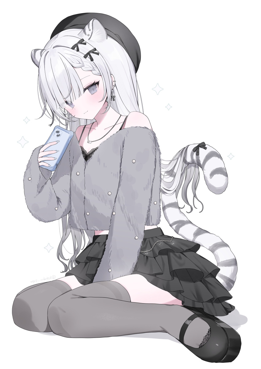 1girl :3 absurdres animal_ear_fluff animal_ears arm_support bare_shoulders black_bow black_hat black_shoes black_skirt blue_nails blush bow bra braid cellphone collarbone commentary crown_(symbol) ear_piercing frilled_skirt frills full_body grey_eyes grey_jacket hair_between_eyes hair_bow hair_ornament hand_up hat head_down highres holding holding_phone jacket jewelry kohaku_sogo light_blush long_hair long_sleeves looking_at_viewer midriff midriff_peek nail_polish necklace off-shoulder_jacket off_shoulder original phone piercing shoes short_braid simple_background single_braid sitting skirt sleeves_past_wrists smile solo spaghetti_strap star_(symbol) tail tail_bow tail_ornament thigh-highs thighs tiger_ears tiger_girl tiger_tail underwear untranslatable_commentary wariza white_background white_hair zettai_ryouiki
