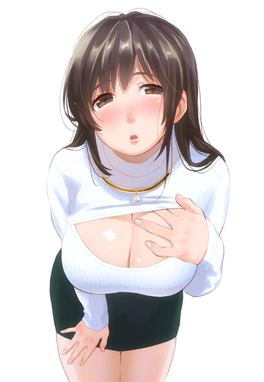 1girl :o rn black_skirt blush breasts brown_eyes brown_hair cleavage_cutout cowboy_shot highres jewelry large_breasts leaning_forward legs_together lips long_sleeves looking_at_viewer miniskirt necklace open-chest_sweater open_mouth puckered_lips px8xq ribbed_sweater shiny shiny_skin simple_background skirt solo sweater turtleneck turtleneck_sweater white_background