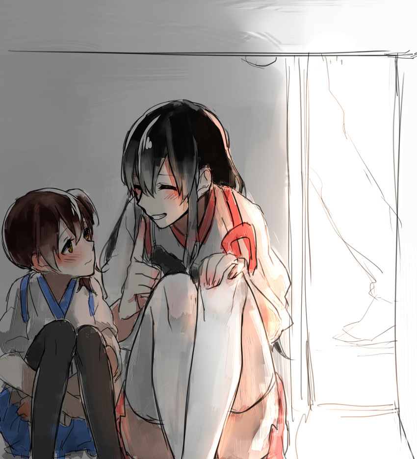 2girls :d ^_^ age_difference akagi_(kantai_collection) backlighting black_legwear blush brown_eyes brown_hair child closed_eyes hand_on_own_knee highres japanese_clothes kaga_(kantai_collection) kantai_collection leg_hug looking_at_another multiple_girls open_mouth shuu-0208 side_ponytail sketch skirt smile thigh-highs white_legwear younger