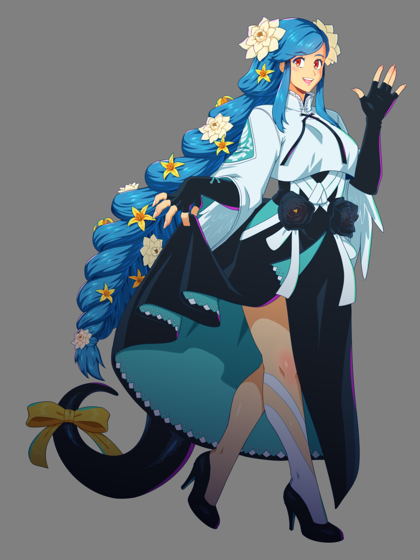 1girl asymmetrical_legwear black_flower blue_hair blush braid braided_ponytail breasts curtsey dizzy_(guilty_gear) fingerless_gloves flower full_body gloves grey_background guilty_gear guilty_gear_strive hair_flower hair_ornament high_heels highres kitsune23star large_breasts long_hair looking_at_viewer low-tied_long_hair nail_polish open_mouth pink_nails queen_dizzy red_eyes ribbon sidelocks solo swept_bangs tail tail_ornament tail_ribbon teeth thighs upper_teeth_only waving white_flower yellow_flower