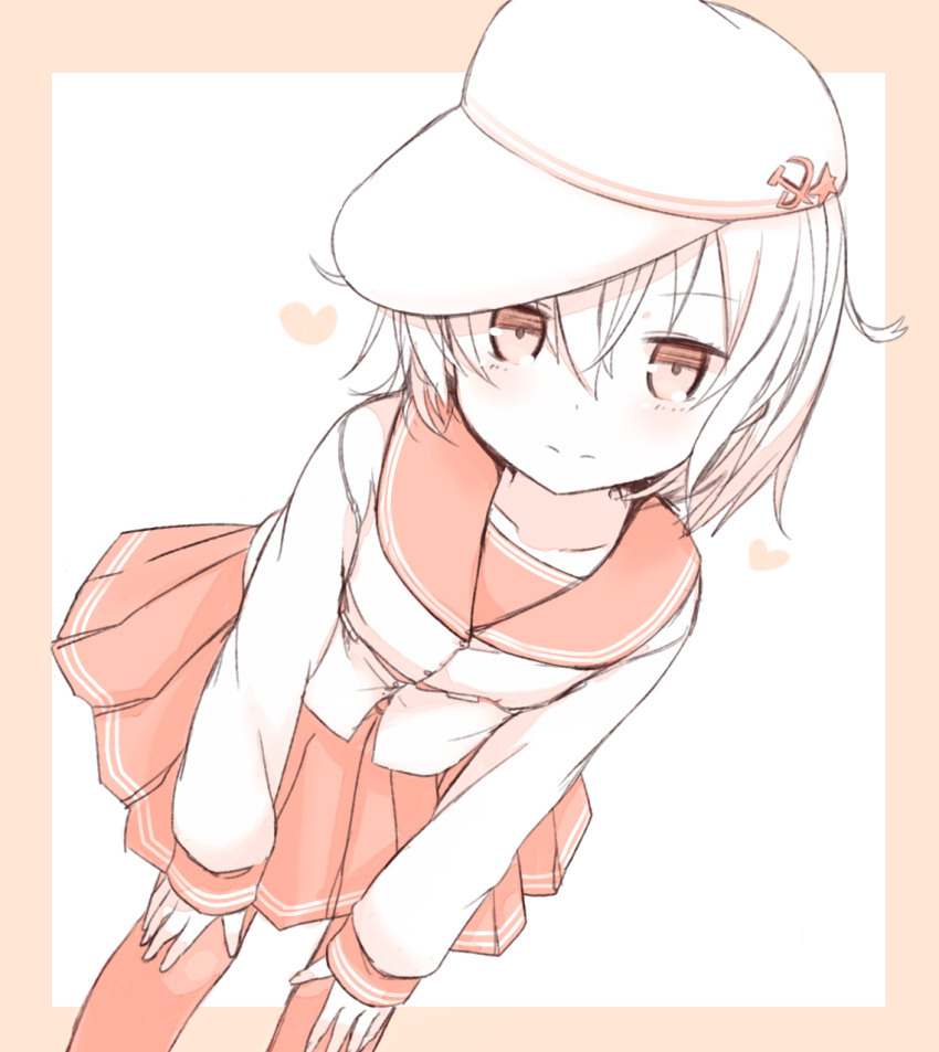 1girl alternate_hair_length alternate_hairstyle blouse flat_cap hammer_and_sickle hands_on_knees hat hibiki_(kantai_collection) highres kantai_collection leaning_forward long_sleeves looking_at_viewer monochrome neckerchief nonono_(basasi21) pantyhose pleated_skirt sailor_collar school_uniform serafuku short_hair skirt solo verniy_(kantai_collection)