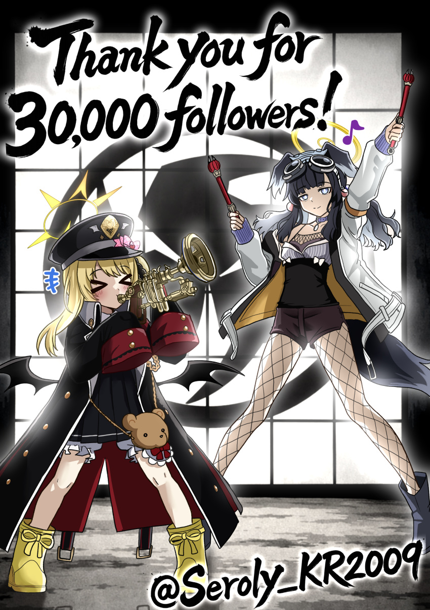 >_< +++ 2girls absurdres aiguillette animal_bag animal_ears arms_up bear_bag black_boots black_coat black_dress black_hair black_hat black_ribbon black_shorts black_tank_top blonde_hair blue_archive boots bow coat collar commentary crossover demon_wings dog_ears dog_girl dog_tail drawer dress drumsticks eighth_note fishnet_pantyhose fishnets goggles goggles_on_head grid_background hair_ribbon halo hat hibiki_(blue_archive) highres holding holding_drumsticks holding_instrument holding_trumpet ibuki_(blue_archive) instrument jacket kamen_rider kamen_rider_hibiki_(series) long_hair milestone_celebration multiple_girls music musical_note name_connection nogawa_seroly ongekibou_rekka ongekikan_reppu pantyhose peaked_cap pink_bow playing_instrument pleated_dress ribbon rubber_boots shirt shorts sleeves_past_fingers sleeves_past_wrists stuffed_animal stuffed_toy tail tank_top trumpet twitter_username violet_eyes white_jacket white_shirt wings yellow_boots yellow_halo