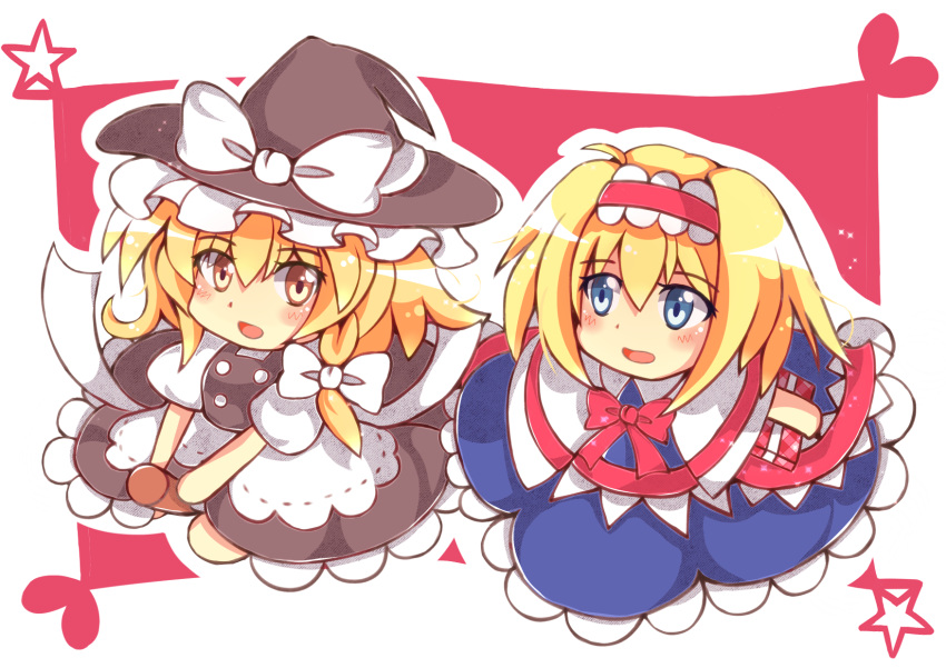 2girls acoco alice_margatroid apron ascot blue_eyes blush book braid broom broom_riding capelet grimoire hat highres holding holding_book kirisame_marisa long_hair multiple_girls open_mouth short_hair side_braid touhou waist_apron witch_hat yellow_eyes