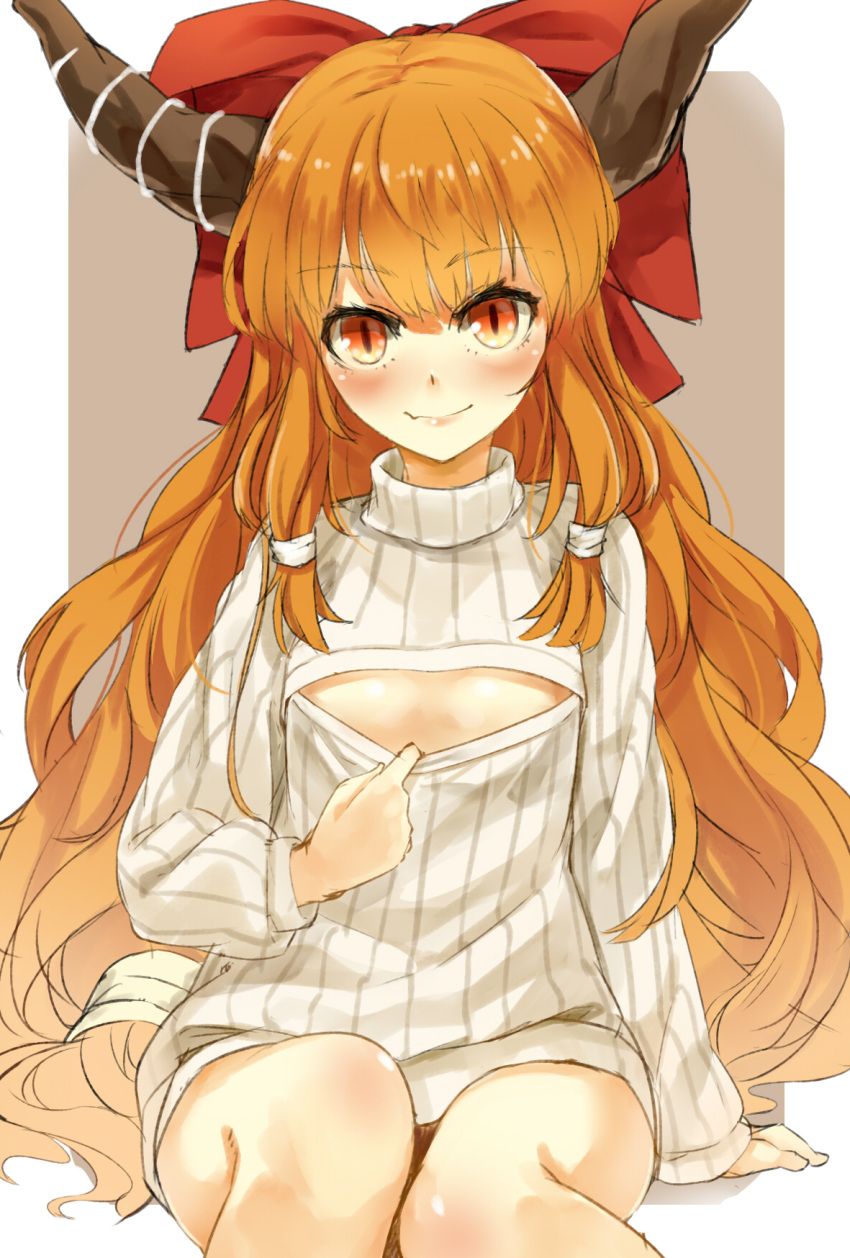 1girl alternate_costume blush bow cleavage_cutout hair_bow highres horns ibuki_suika long_hair looking_at_viewer nishiuri open-chest_sweater orange_eyes orange_hair pointy_ears revision simple_background small_breasts smile solo sweater touhou turtleneck very_long_hair