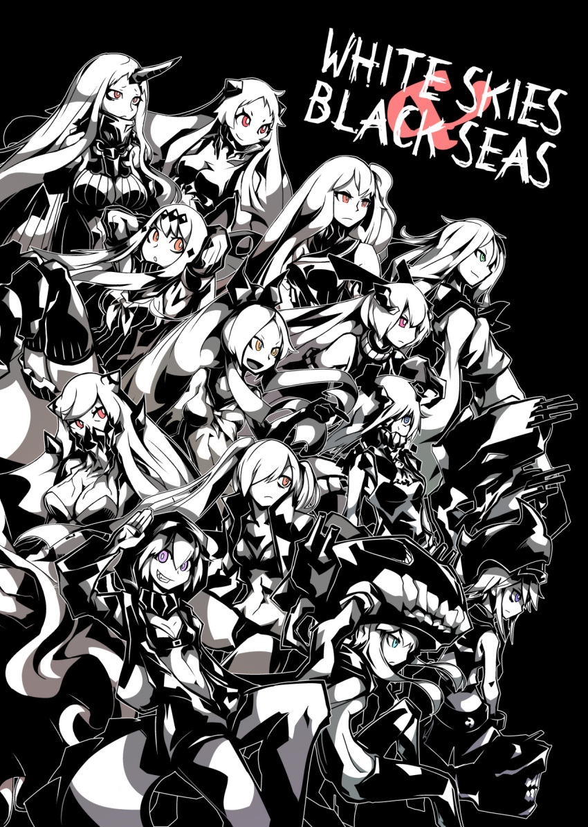 6+girls aircraft_carrier_oni aircraft_carrier_water_oni airfield_hime anchorage_oni armored_aircraft_carrier_oni arms_behind_head ascot bare_shoulders bikini_top black_background bodysuit breasts covering_mouth crop_top deel_(rkeg) destroyer_hime detached_sleeves fangs grin hair_ornament hair_over_one_eye headgear high_ponytail highres hoodie horn horns jacket kantai_collection large_breasts long_hair mask midriff midway_hime multiple_girls navel ne-class_heavy_cruiser neckerchief one_side_up orange_eyes ponytail re-class_battleship red_eyes ribbed_dress sailor_collar sailor_dress salute school_uniform seaport_hime serafuku shinkaisei-kan short_hair simple_background smile southern_ocean_oni ta-class_battleship tentacles thigh-highs twintails very_long_hair violet_eyes wo-class_aircraft_carrier zettai_ryouiki