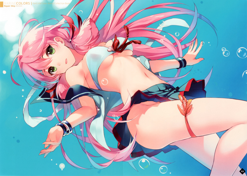 1girl absurdres akashi_(kantai_collection) bandeau bracelet breasts front-tie_top green_eyes headband highres jewelry kantai_collection looking_away navel no_panties open_clothes outstretched_hand parted_lips pink_hair school_uniform serafuku skindentation skirt skirt_lift solo tousaki_umiko under_boob wind_lift