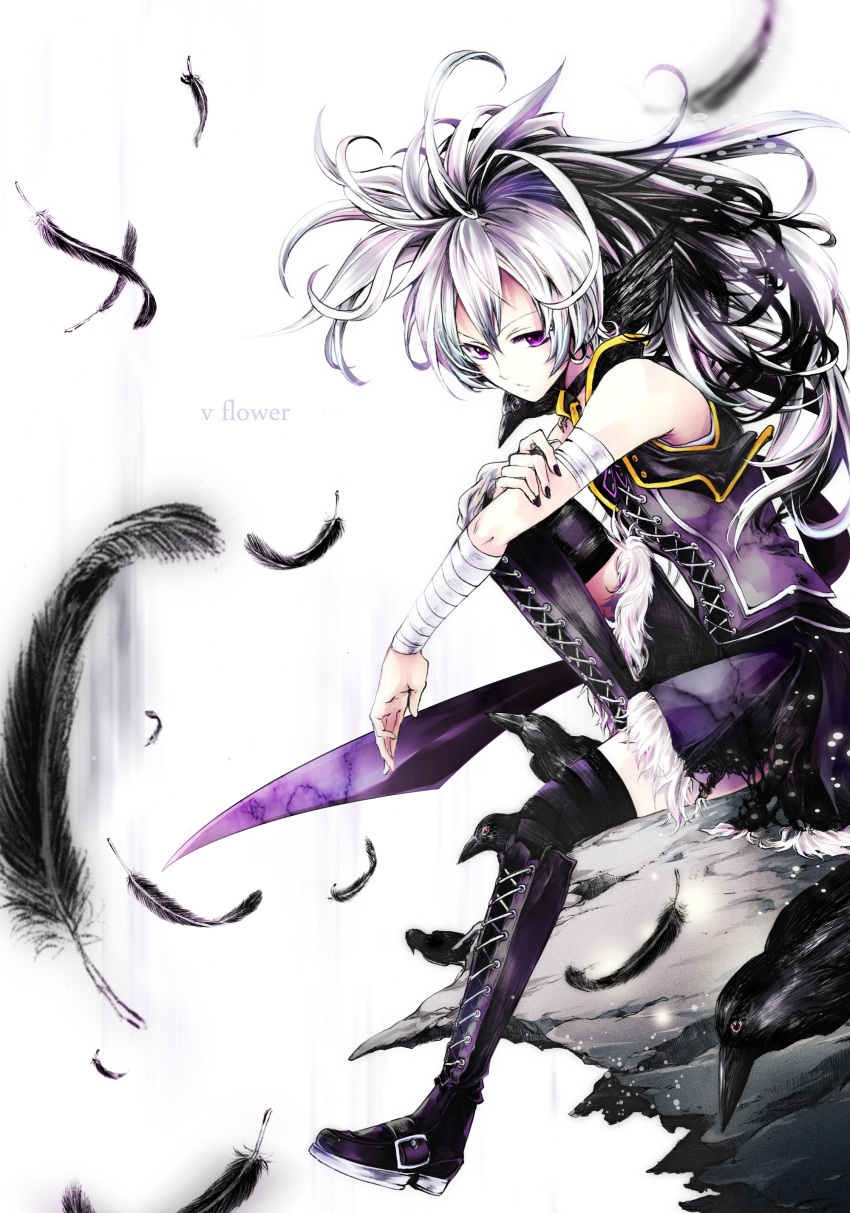1girl absurdres animal animal_on_shoulder bandages bare_shoulders bird bird_on_shoulder black_hair boots character_name choker corset cropped_jacket crow detached_sleeves feathers flower_(vocaloid) fur_trim high_ponytail highres long_hair long_sleeves multicolored_hair nekoritatsuki over-kneehighs ponytail purple_skirt ribbon single_sleeve sitting skirt skirt_set solo striped striped_legwear thigh-highs torn_clothes torn_skirt two-tone_hair violet_eyes vocaloid white_hair