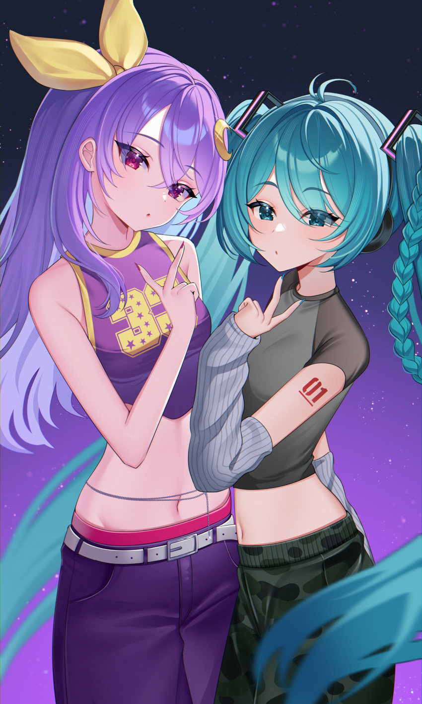 2girls absurdres aqua_eyes aqua_hair aqua_nails arm_tattoo arm_warmers belt black_shirt braid breasts character_request commentary copyright_request crescent crescent_hair_ornament crop_top demcheg grey_arm_warmers hair_between_eyes hair_ornament hatsune_miku headphones headset highres long_hair looking_at_viewer magical_girl medium_breasts midriff multiple_girls navel number_tattoo pants parted_lips purple_hair purple_pants shirt short_sleeves sleeveless sleeveless_shirt stomach striped_arm_warmers tattoo untranslatable_commentary v very_long_hair violet_eyes vocaloid white_belt