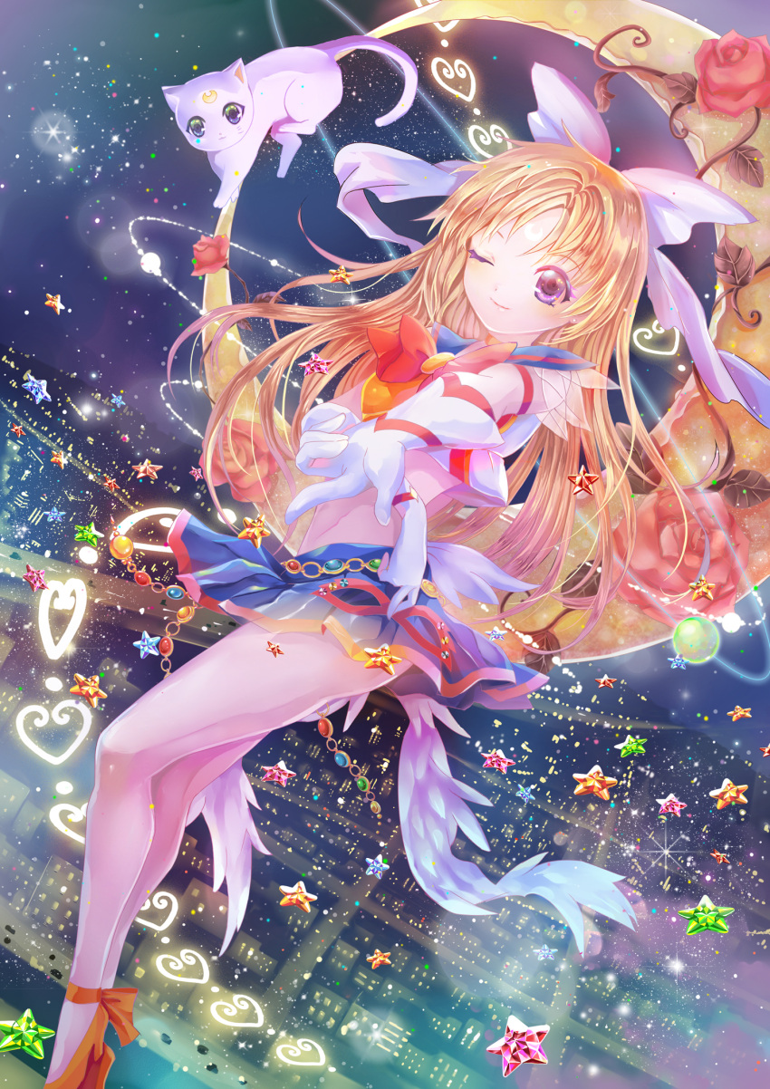 1girl aino_minako alternate_eye_color artemis_(sailor_moon) bare_legs bishoujo_senshi_sailor_moon blue_skirt bow cat cityscape crescent_moon elbow_gloves facial_mark floating flower forehead_mark from_above gem gloves green_eyes hair_bow highres long_hair looking_at_viewer mask miniskirt moon night one_eye_closed orange_shoes outstretched_arm red_bow red_rose rose sailor_v skirt star usagi_(rabbithi) vines violet_eyes white_bow white_gloves