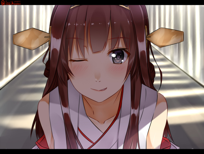 1girl black_eyes blush brown_hair collarbone detached_sleeves double_bun face ffmania7 grin headgear heart heart-shaped_pupils kantai_collection kongou_(kantai_collection) letterboxed long_hair looking_at_viewer nontraditional_miko one_eye_closed portrait smile solo symbol-shaped_pupils twitter_username