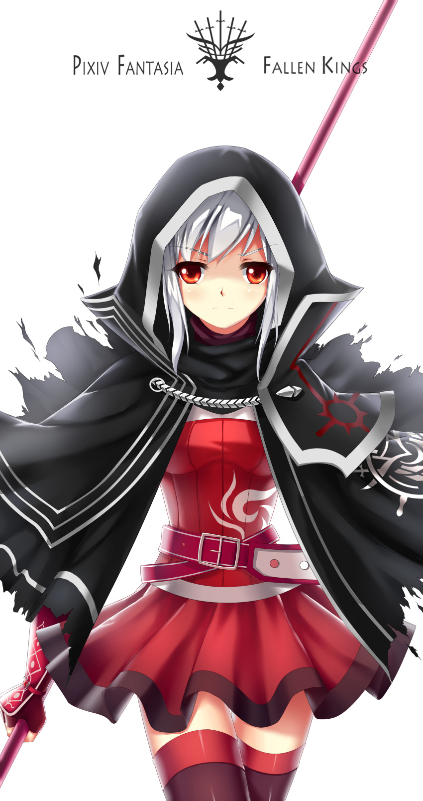 &gt;:( 1girl absurdres akabane cape dress highres holding hood looking_at_viewer orange_eyes original pixiv_fantasia pixiv_fantasia_fallen_kings red_dress silver_hair simple_background smile solo staff thigh-highs white_background zettai_ryouiki