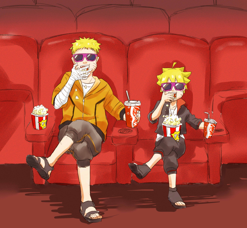 2boys 3d_glasses bandaged_arm blonde_hair coca-cola drinking_straw eating facial_mark father_and_son glasses highres movie_theater multiple_boys naruto popcorn short_hair sitting soda straw takuto_(ag-soul-1010-44) uzumaki_boruto uzumaki_naruto