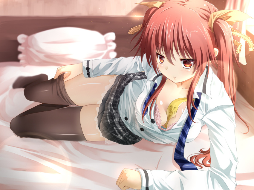 1girl banana between_breasts black_legwear blush brown_eyes downblouse food fruit hair_ribbon highres inu_(mezonsidepark) long_hair looking_at_viewer loose_necktie lying necktie on_bed on_side original pillow pink_background red_eyes redhead ribbon solo thigh-highs twintails undressing