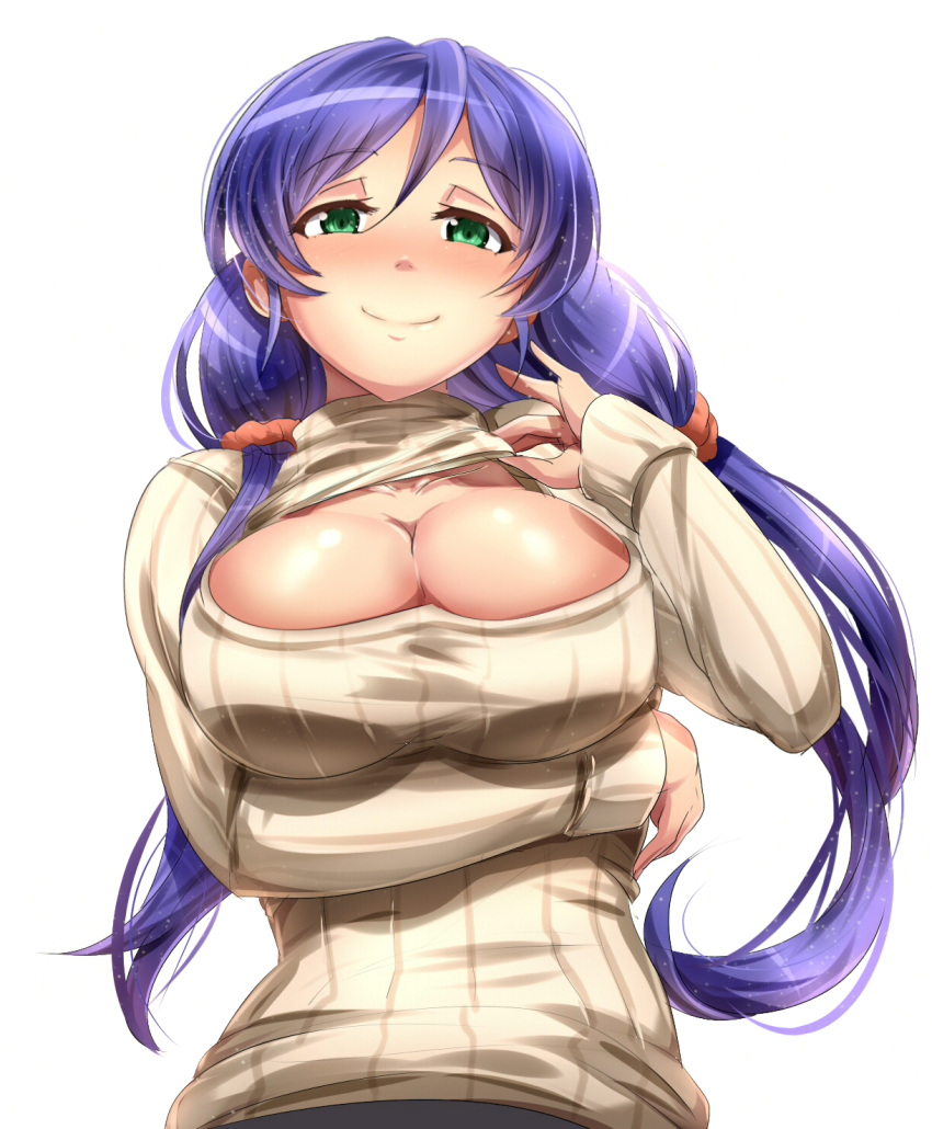 1girl blue_hair blush breasts bust cleavage cleavage_cutout collar_tug collarbone green_eyes highres large_breasts long_hair long_sleeves looking_at_viewer love_live!_school_idol_project open-chest_sweater ribbed_sweater scrunchie smile solo sweater toujou_nozomi turtleneck turtleneck_sweater twintails umakatsuhai very_long_hair
