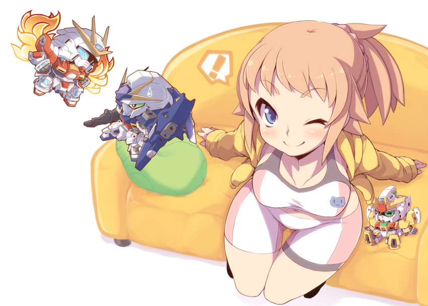 ! 1girl beam_rifle bike_shorts blue_eyes blush breasts build_burning_gundam chibi couch crazy_developers energy_gun from_above gundam gundam_build_fighters gundam_build_fighters_try haro hoshino_fumina large_breasts lightning_gundam midriff navel one_eye_closed orange_hair ponytail shield sitting sweatdrop thigh_gap winning_gundam