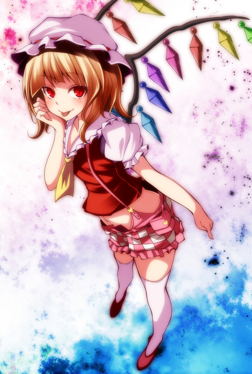 1girl blonde_hair blush flandre_scarlet frilled_sleeves frills hat highres looking_at_viewer midriff red_eyes s-syogo short_hair short_sleeves skirt solo suspenders thigh-highs tongue tongue_out touhou white_legwear wings