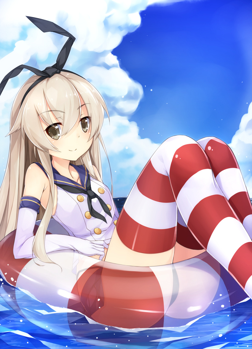 1girl bare_shoulders blue_skirt blue_sky bow brown_eyes crop_top elbow_gloves gloves hair_bow headband highres innertube kantai_collection long_hair looking_at_viewer microskirt neckerchief ocean partially_submerged pleated_skirt sailor_collar shimakaze_(kantai_collection) skirt sky smile solo striped striped_legwear thigh-highs toki/ white_gloves