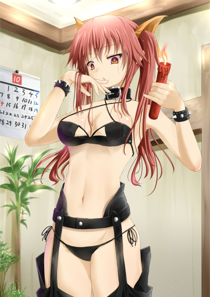 1girl bracelet breasts candle collar cowboy_shot dominatrix garter_belt garter_straps hair_ribbon hand_to_own_mouth highres inu_(mezonsidepark) jewelry long_hair navel original panties red_eyes redhead ribbon side-tie_panties solo spiked_bracelet spikes twintails underwear