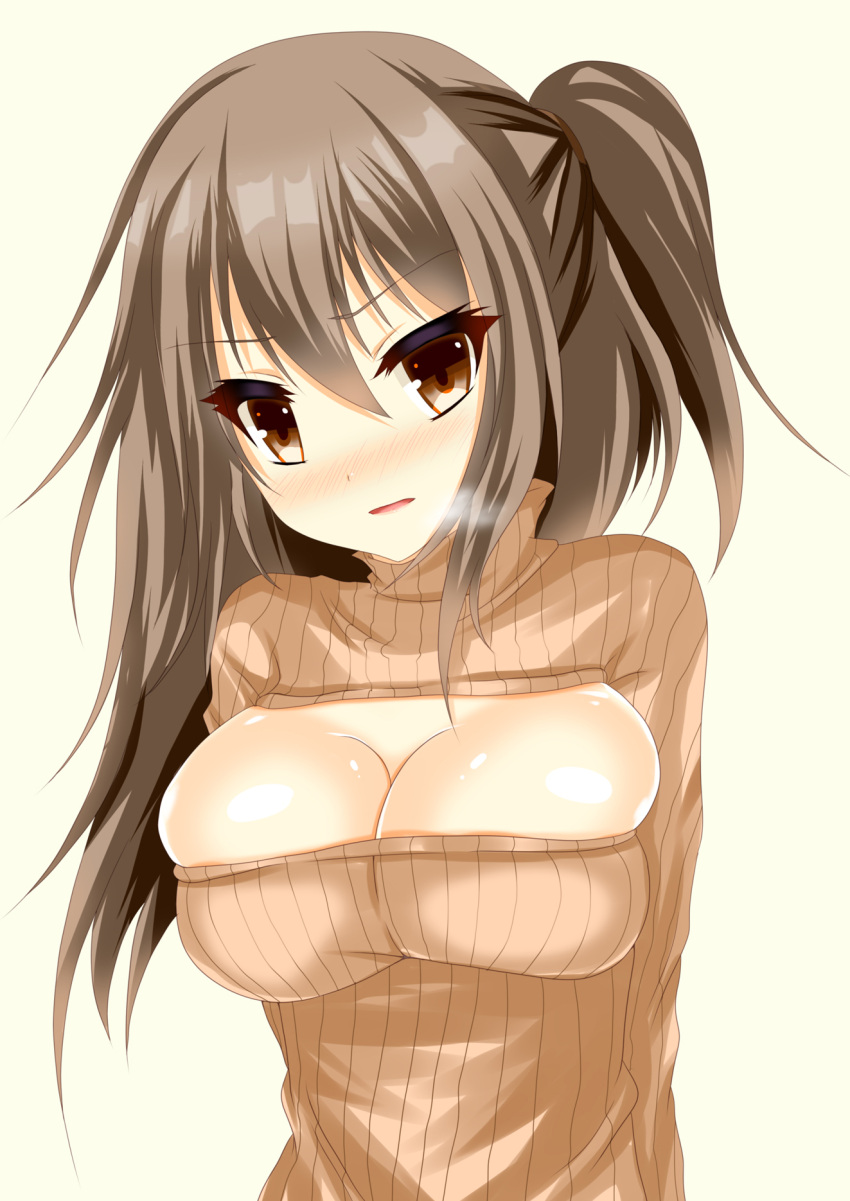 1girl asymmetrical_hair ayasato_karen blush breast_squeeze breasts brown_eyes bust cleavage cleavage_cutout highres large_breasts light_brown_hair looking_at_viewer one_side_up open-chest_sweater open_mouth original ribbed_sweater solo sweater turtleneck