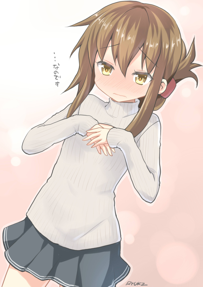 1girl absurdres alternate_costume breast_conscious brown_hair cowboy_shot folded_ponytail highres inazuma_(kantai_collection) kantai_collection open-chest_sweater ribbed_sweater ryuki_(ryukisukune) signature skirt solo sweater translated turtleneck wavy_mouth yellow_eyes