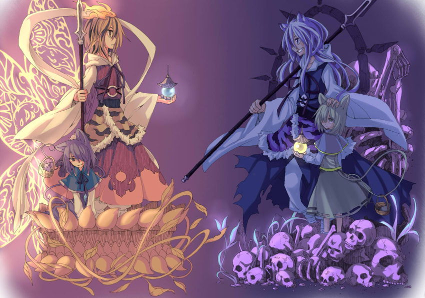 4girls animal_ears basket bishamonten's_pagoda bishamonten's_spear blonde_hair capelet dark_persona dual_persona eye_contact grey_hair grin hair_ornament hair_over_one_eye hand_on_head highres ko_kita long_sleeves looking_at_another mouse mouse_ears mouse_tail multicolored_hair multiple_girls nazrin sash shawl shirt silver_hair sitting skeleton skirt skull smile streaked_hair tail tiger_ears tiger_print toramaru_shou touhou vest wide_sleeves