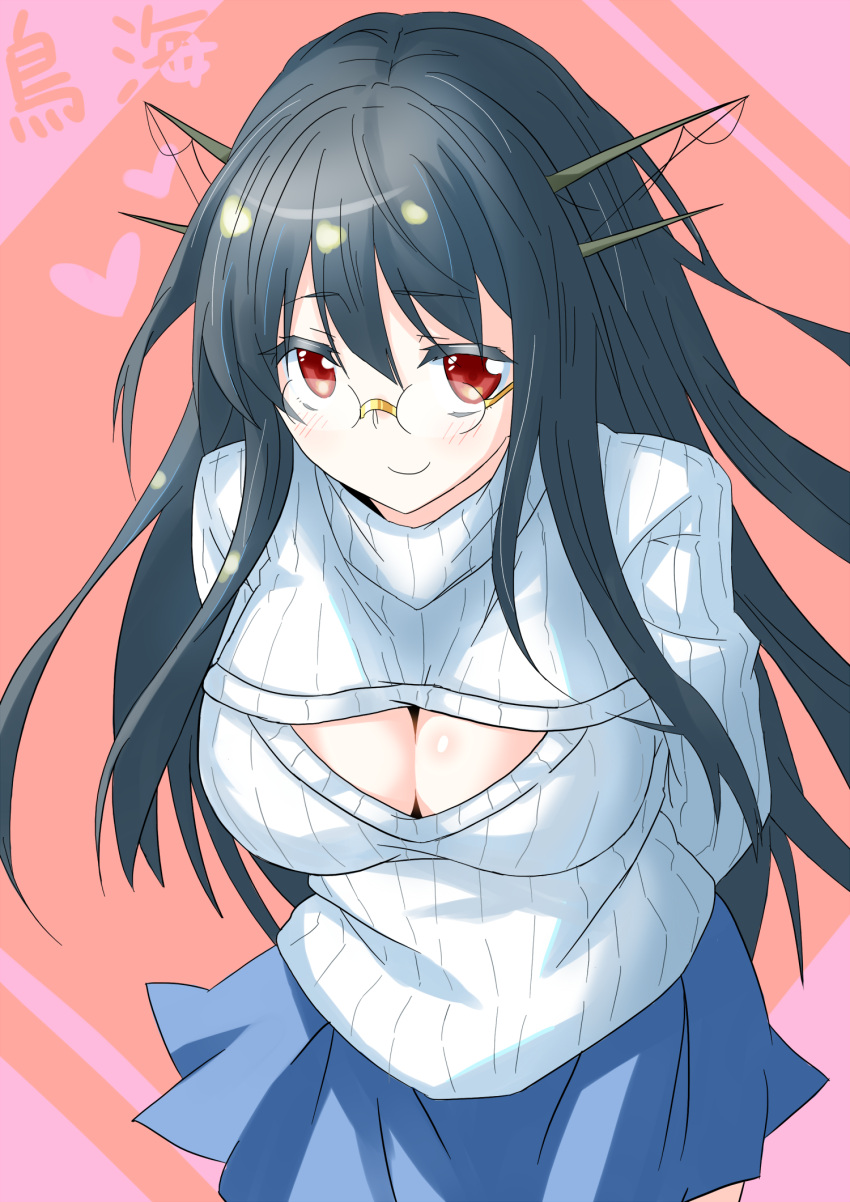 1girl arms_behind_back black_hair blue_skirt blush breasts choukai_(kantai_collection) cleavage_cutout cowboy_shot glasses headgear highres kantai_collection large_breasts long_hair looking_at_viewer open-chest_sweater ototachibana_rai pleated_skirt red_eyes ribbed_sweater skirt smile solo sweater turtleneck turtleneck_sweater