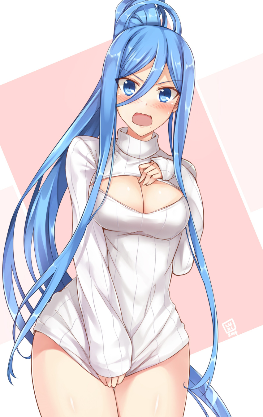 &gt;:o 1girl :o aoki_hagane_no_arpeggio blue_eyes blue_hair blush breasts cleavage cleavage_cutout covering covering_crotch hair_between_eyes highres long_hair looking_at_viewer luzi mole open-chest_sweater ponytail ribbed_sweater solo sweater takao_(aoki_hagane_no_arpeggio)