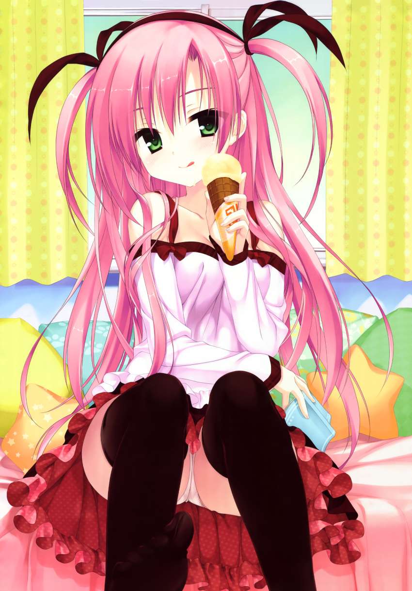 1girl :q absurdres bed between_breasts black_legwear book breasts curtains detached_sleeves food green_eyes hand_between_breasts highres huge_filesize ice_cream ice_cream_cone kobuichi long_sleeves panties pantyshot pillow pink_hair pink_panties sitting spaghetti_strap thigh-highs tongue tongue_out two_side_up underwear upskirt window