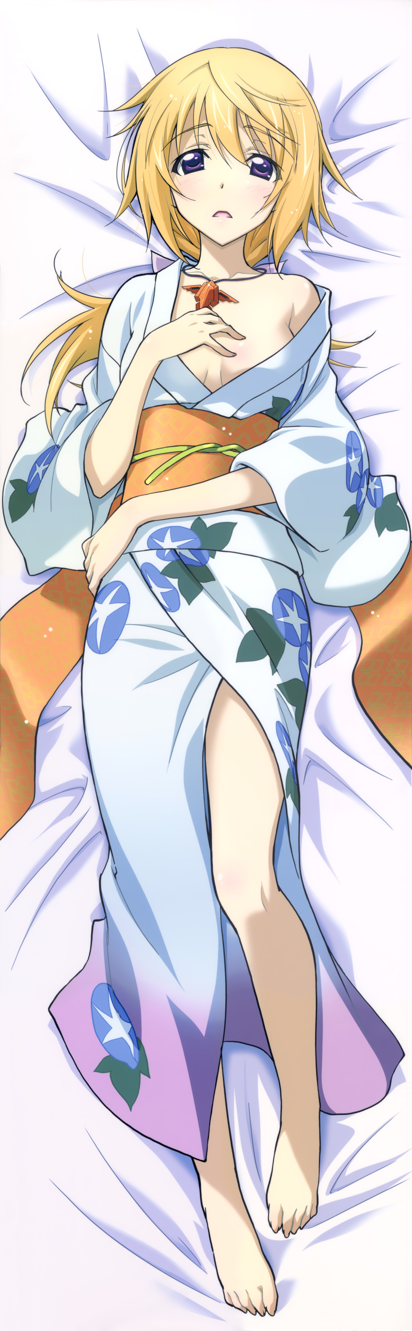 1girl absurdres barefoot bed_sheet blonde_hair breasts charlotte_dunois d: dakimakura highres huge_filesize infinite_stratos japanese_clothes jewelry kimono legs lying necklace off_shoulder open_mouth violet_eyes