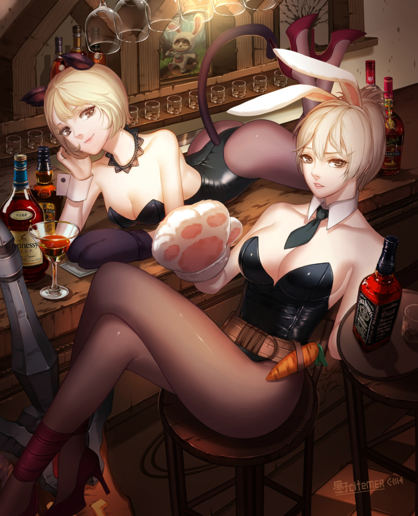 2girls alcohol animal_ears artist_name ass bar bare_arms bare_shoulders blonde_hair bottle breasts brown_eyes bunny_girl bunnysuit carrot cat_ears cat_tail cleavage collar corset crossed_legs cup detached_collar drink feet_up gloves high_heels highres jack_daniel's kittysuit league_of_legends leotard liuruoyu8888 looking_at_viewer lying multiple_girls necktie pantyhose park_choa parted_lips paw_gloves rabbit_ears real_life riven_(league_of_legends) short_hair sitting smile tail whiskey wine_glass