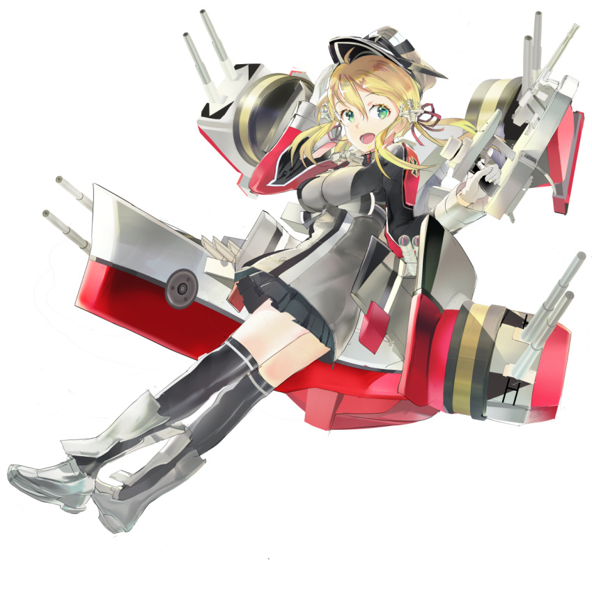 119 1girl :d anchor_hair_ornament blonde_hair gloves green_eyes hat highres kantai_collection long_hair looking_at_viewer machinery open_mouth peaked_cap pleated_skirt prinz_eugen_(kantai_collection) salute simple_background skirt smile solo transparent_background turret twintails white_gloves