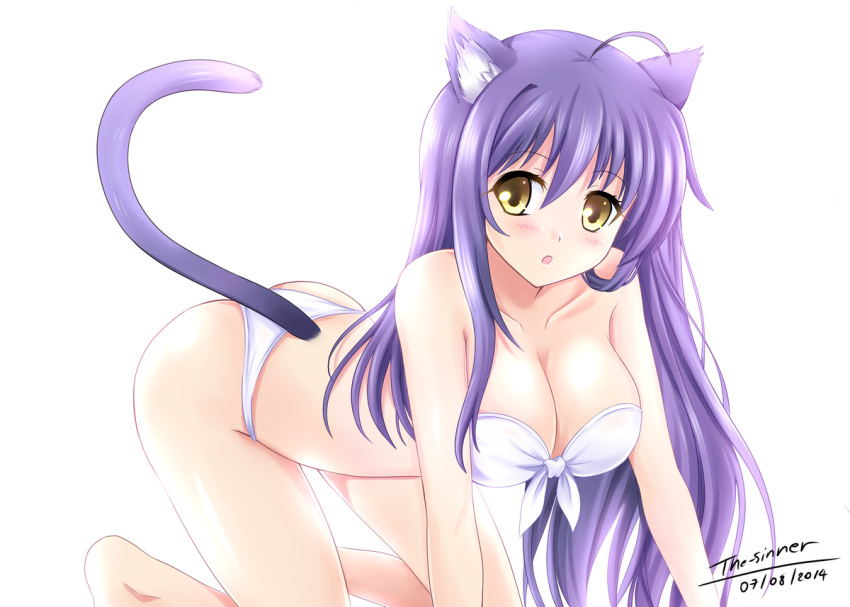 1girl ahoge all_fours animal_ears artist_name bikini borrowed_character breasts cat_ears cat_tail cleavage dated long_hair looking_at_viewer open_mouth original purple_hair simple_background solo swimsuit tail the-sinner white_background white_bikini white_swimsuit yellow_eyes
