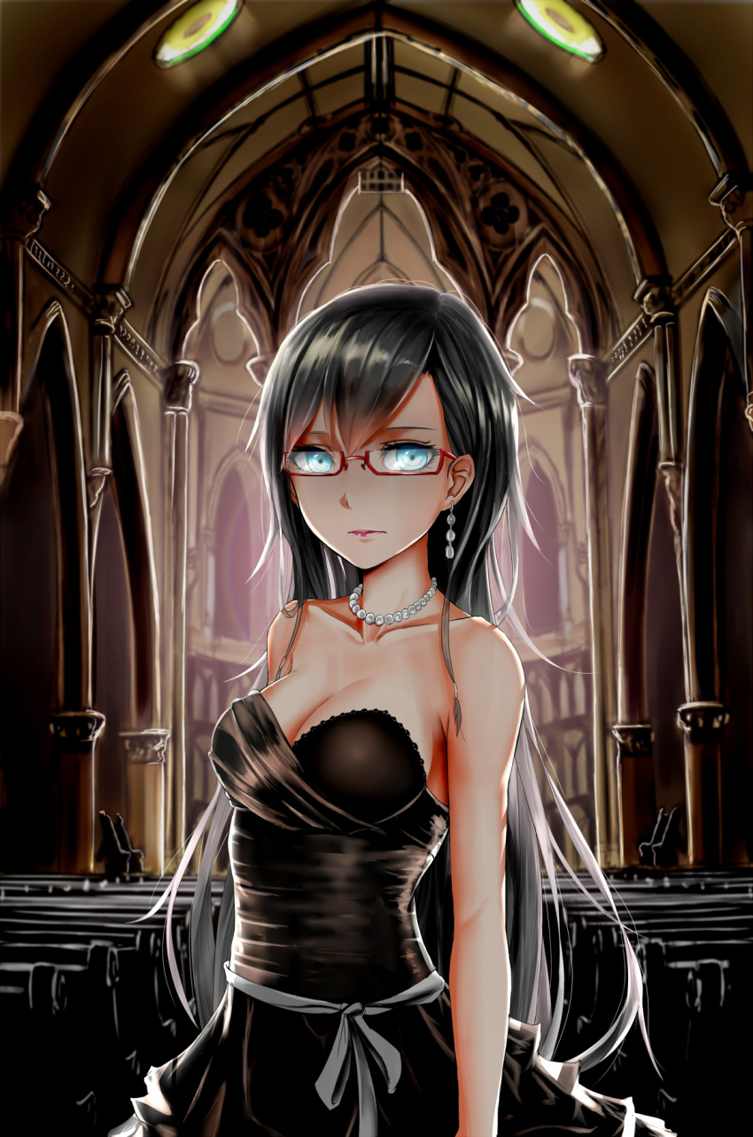 1girl bangs bench black_dress black_hair blue_eyes breasts church cleavage dress earrings glasses hair_ribbon highres jewelry lipstick long_hair looking_at_viewer low-tied_long_hair makeup necklace original pearl_necklace red-framed_glasses ribbon semi-rimless_glasses shijiu_(adamhutt) sleeveless solo standing swept_bangs very_long_hair