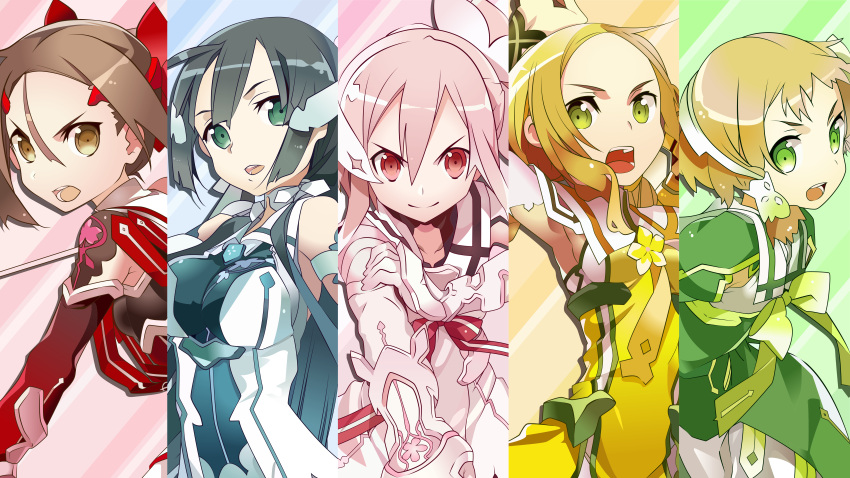 5girls absurdres armpits black_hair blonde_hair breasts brown_eyes brown_hair bunbun gauntlets green_eyes highres inubouzaki_fuu inubouzaki_itsuki magical_girl miyoshi_karin multiple_girls pink_eyes pink_hair tagme tougou_mimori vector_trace yellow_eyes yuuki_yuuna yuuki_yuuna_wa_yuusha_de_aru